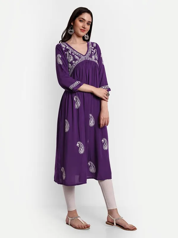 Wine_Lucknow_Chikankari_Hand_Embroidered_Anarkali_Kurta_Cotton