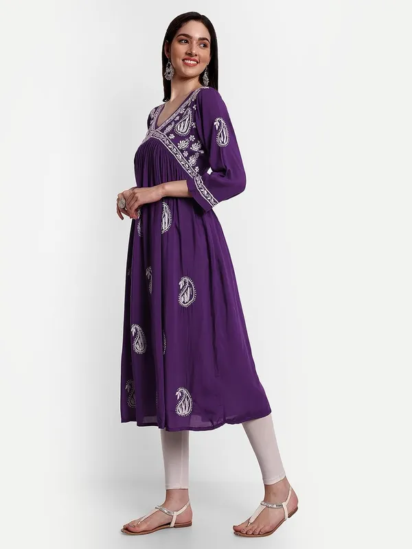 Wine_Lucknow_Chikankari_Hand_Embroidered_Anarkali_Kurta_Cotton