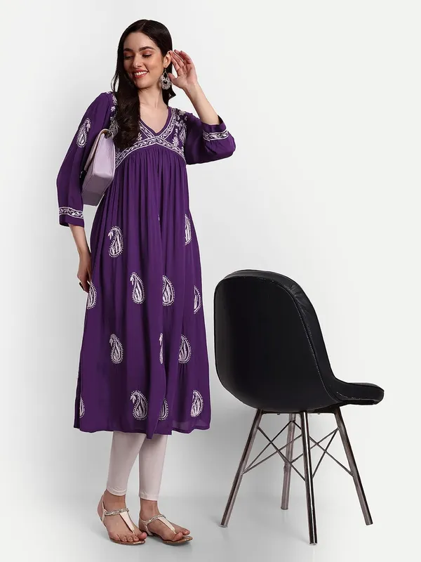 Wine_Lucknow_Chikankari_Hand_Embroidered_Anarkali_Kurta_Cotton