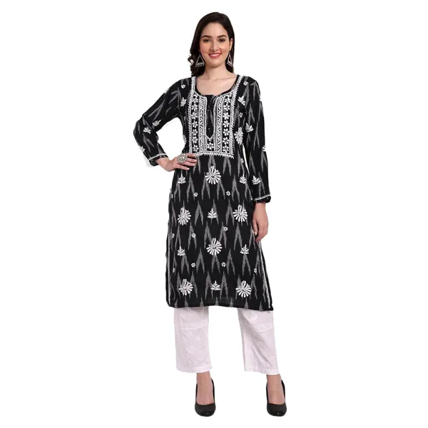 Indiankala4u_Lucknow_Chikankari_Hand_Embroidered_Kurta_Ikat_Cotton