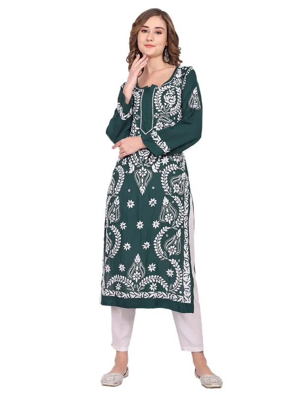 Emerald_Green_Lucknow_Chikankari_Hand_Embroidered_Long_Kurta_Cotton_Emerald