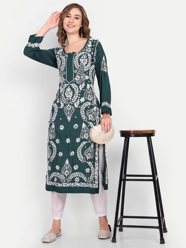 Emerald_Green_Lucknow_Chikankari_Hand_Embroidered_Long_Kurta_Cotton_Emerald