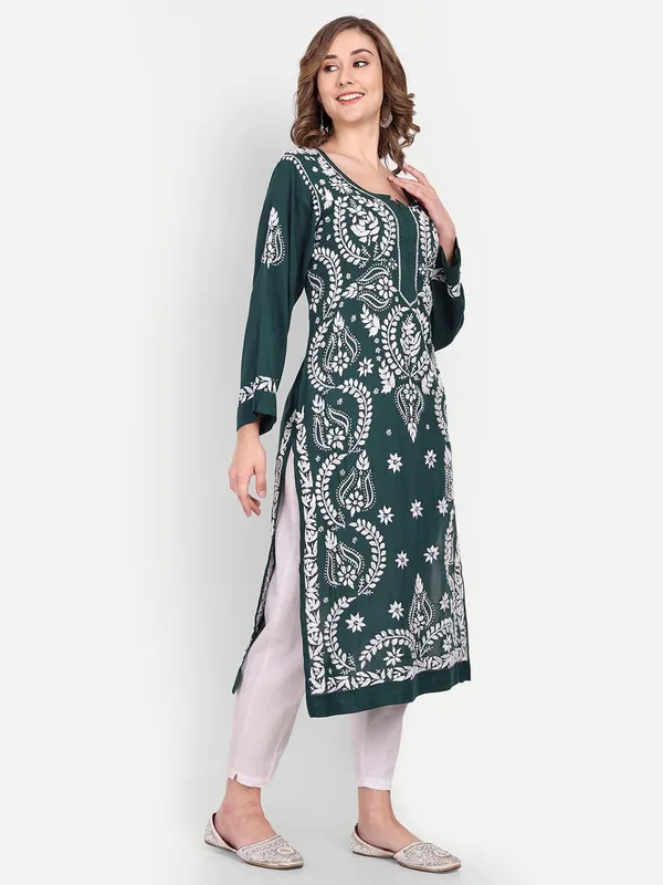 Emerald_Green_Lucknow_Chikankari_Hand_Embroidered_Long_Kurta_Cotton_Emerald