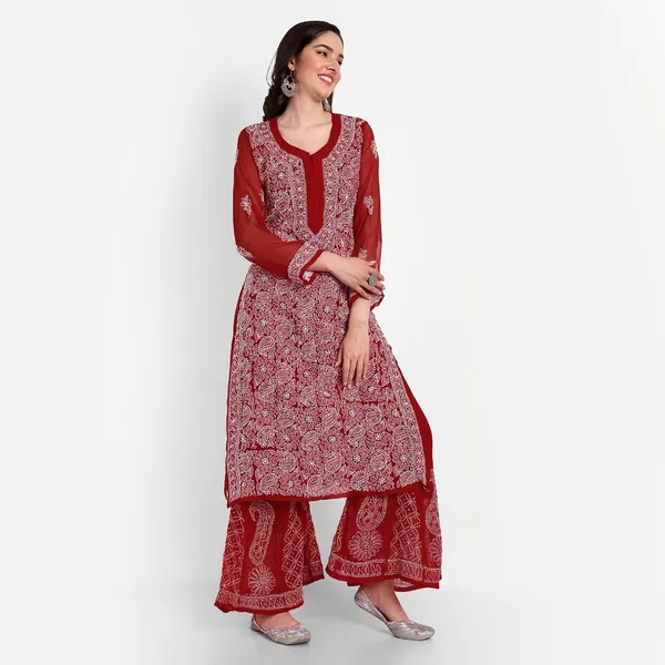 Ravishing_Red_Lucknowi_Chikankari_Hand_Embroidered_Long_Kurti_Sharara_Palazzo_Set_Georgette