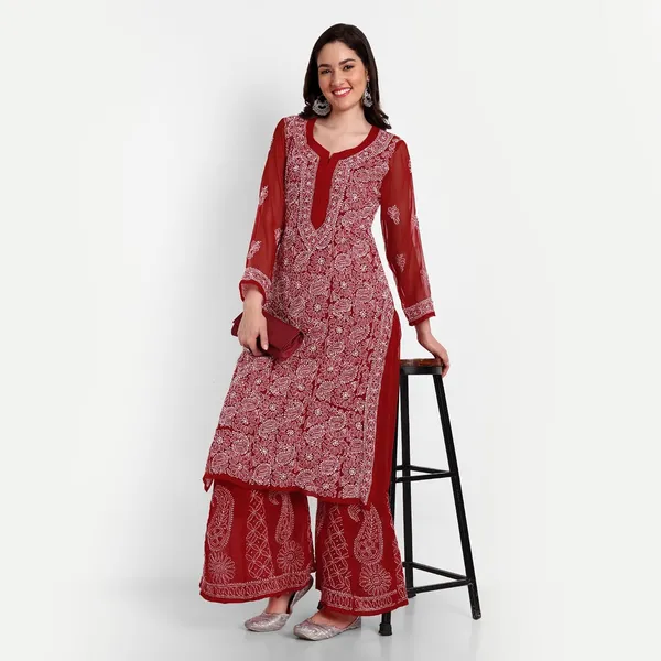 Ravishing_Red_Lucknowi_Chikankari_Hand_Embroidered_Long_Kurti_Sharara_Palazzo_Set_Georgette
