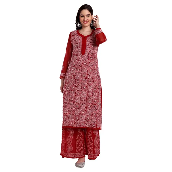 Ravishing_Red_Lucknowi_Chikankari_Hand_Embroidered_Long_Kurti_Sharara_Palazzo_Set_Georgette