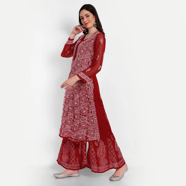Ravishing_Red_Lucknowi_Chikankari_Hand_Embroidered_Long_Kurti_Sharara_Palazzo_Set_Georgette