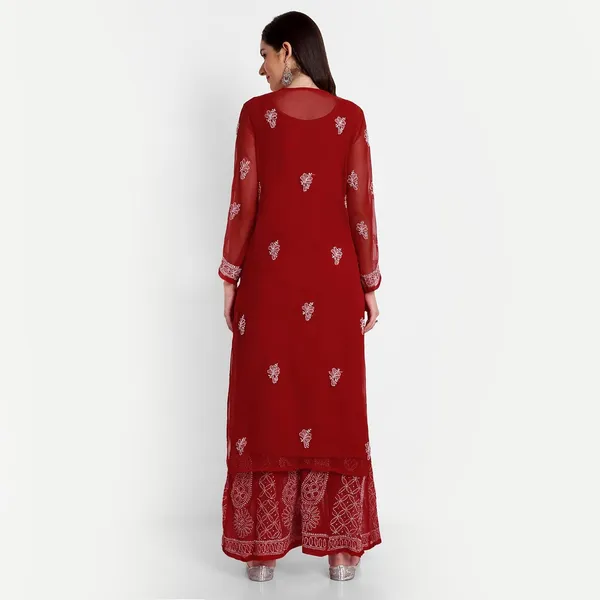 Ravishing_Red_Lucknowi_Chikankari_Hand_Embroidered_Long_Kurti_Sharara_Palazzo_Set_Georgette