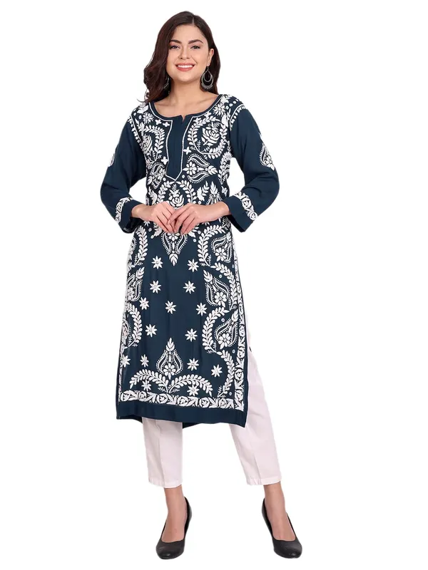 Navy_Blue_Lucknow_Chikankari_Hand_Embroidered_Long_Kurta_Cotton