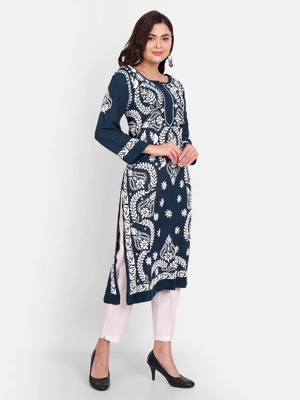 Navy_Blue_Lucknow_Chikankari_Hand_Embroidered_Long_Kurta_Cotton