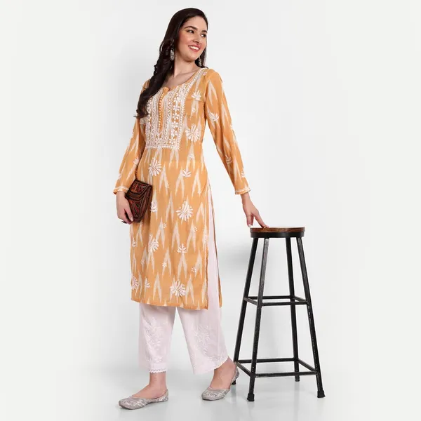 Indiankala4u_Lucknow_Chikankari_Hand_Embroidered_Kurta_Ikat_Cotton