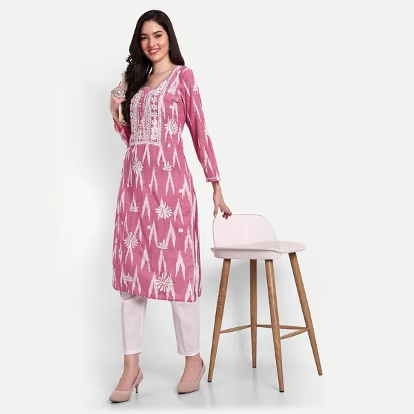 Indiankala4u_Lucknow_Chikankari_Hand_Embroidered_Kurta_Ikat_Cotton