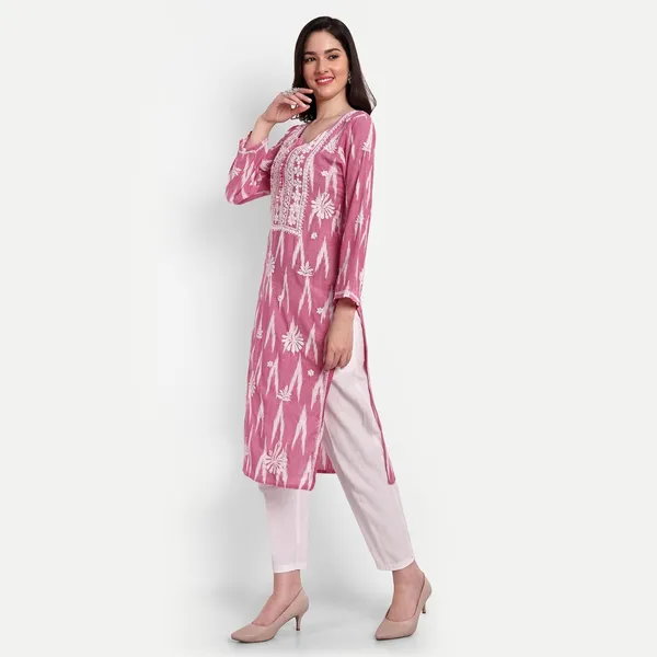 Indiankala4u_Lucknow_Chikankari_Hand_Embroidered_Kurta_Ikat_Cotton