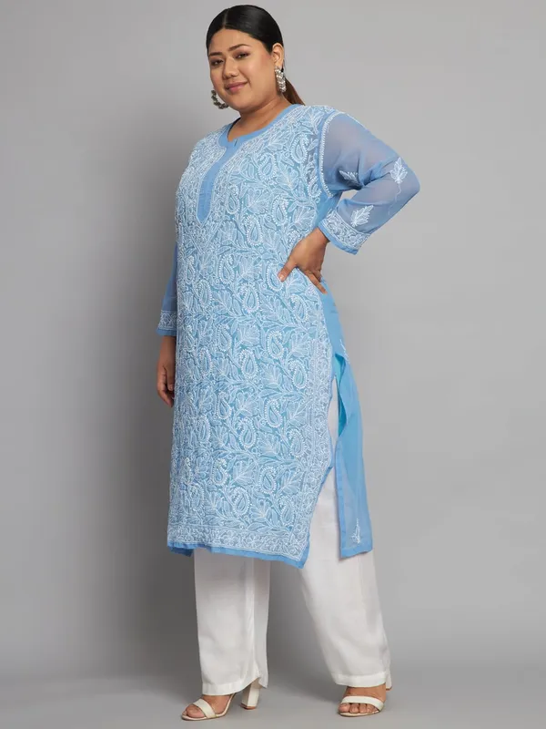Sky_Blue_Lucknow_Chikankari_Hand_Embroidered_Plus_Size_Long_Kurti_With_Matching_Inner_Georgette