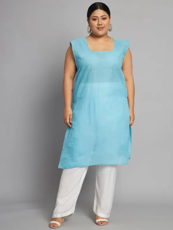 Sky_Blue_Lucknow_Chikankari_Hand_Embroidered_Plus_Size_Long_Kurti_With_Matching_Inner_Georgette