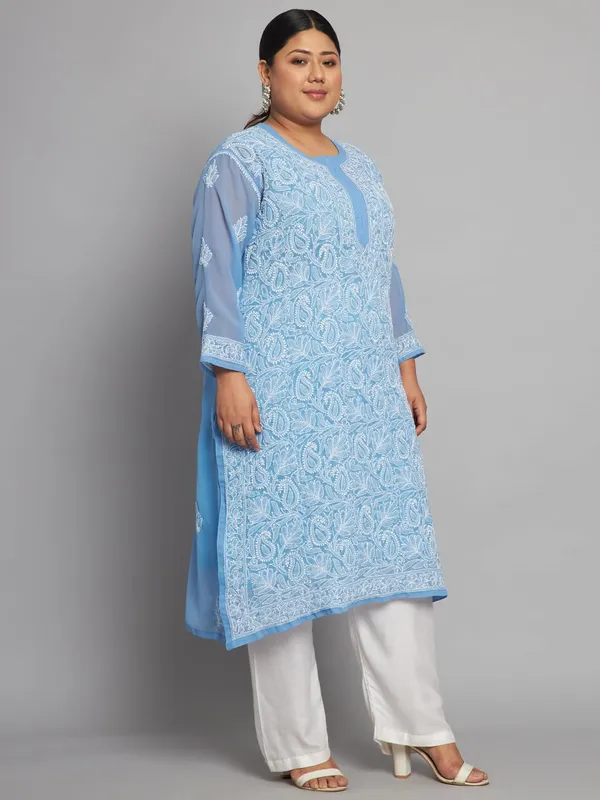 Sky_Blue_Lucknow_Chikankari_Hand_Embroidered_Plus_Size_Long_Kurti_With_Matching_Inner_Georgette