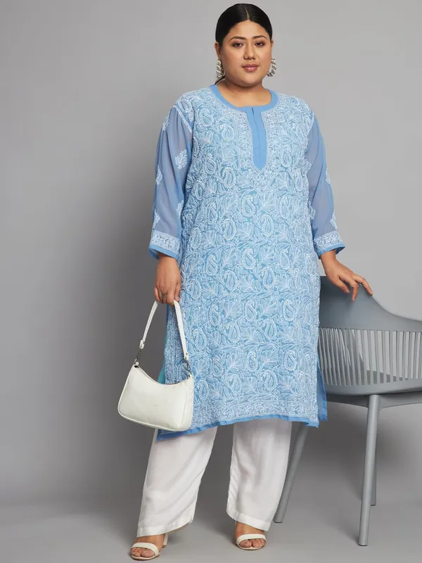 Sky_Blue_Lucknow_Chikankari_Hand_Embroidered_Plus_Size_Long_Kurti_With_Matching_Inner_Georgette