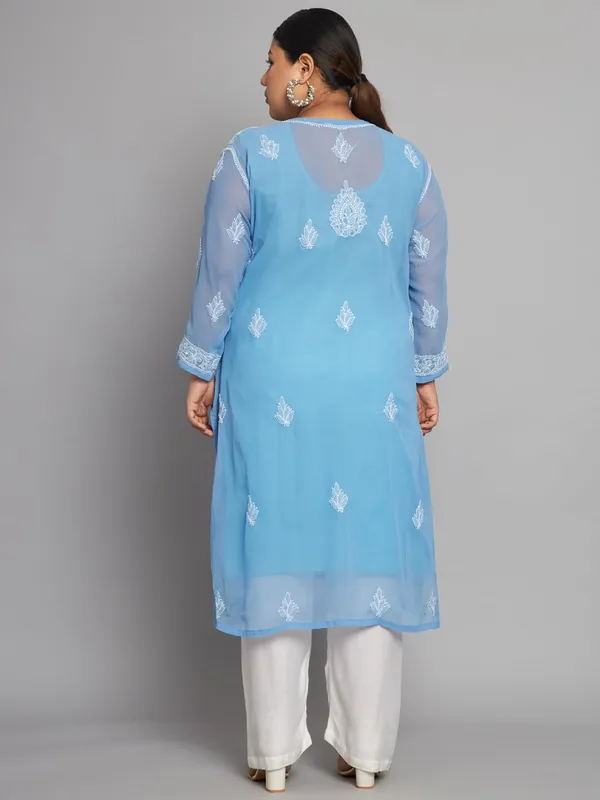 Sky_Blue_Lucknow_Chikankari_Hand_Embroidered_Plus_Size_Long_Kurti_With_Matching_Inner_Georgette