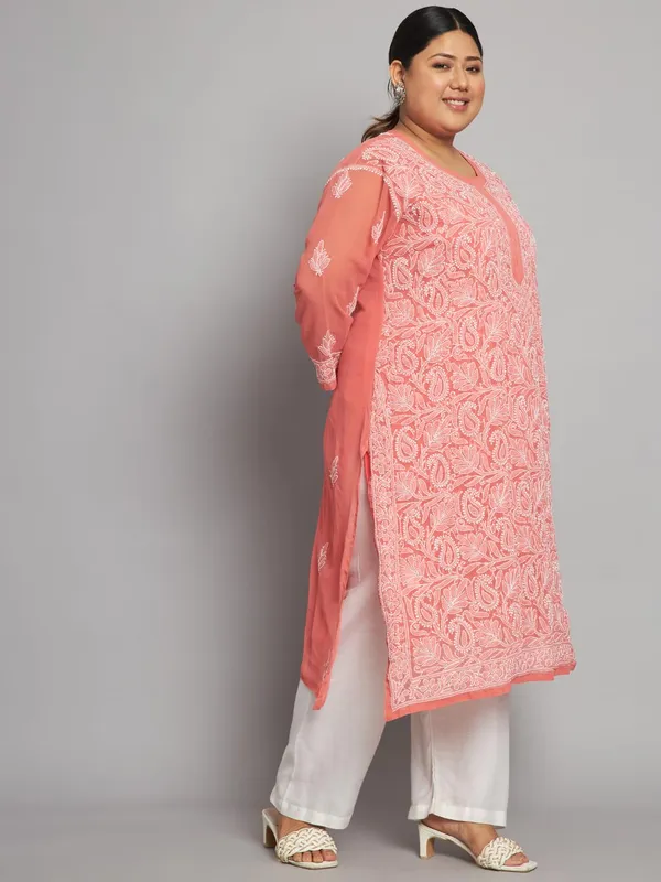 Coral_Lucknow_Chikankari_Hand_Embroidered_Plus_Size_Long_Kurti_With_Matching_Inner_Georgette