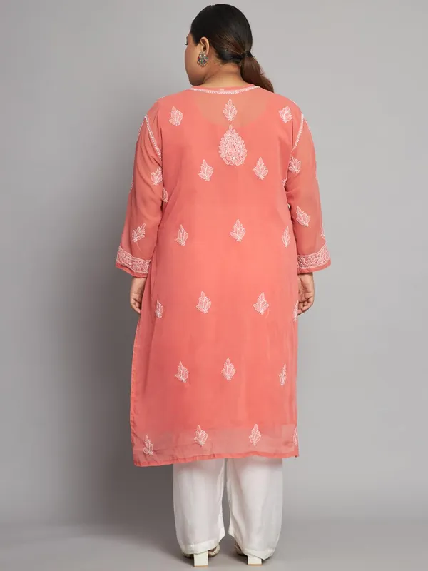 Coral_Lucknow_Chikankari_Hand_Embroidered_Plus_Size_Long_Kurti_With_Matching_Inner_Georgette