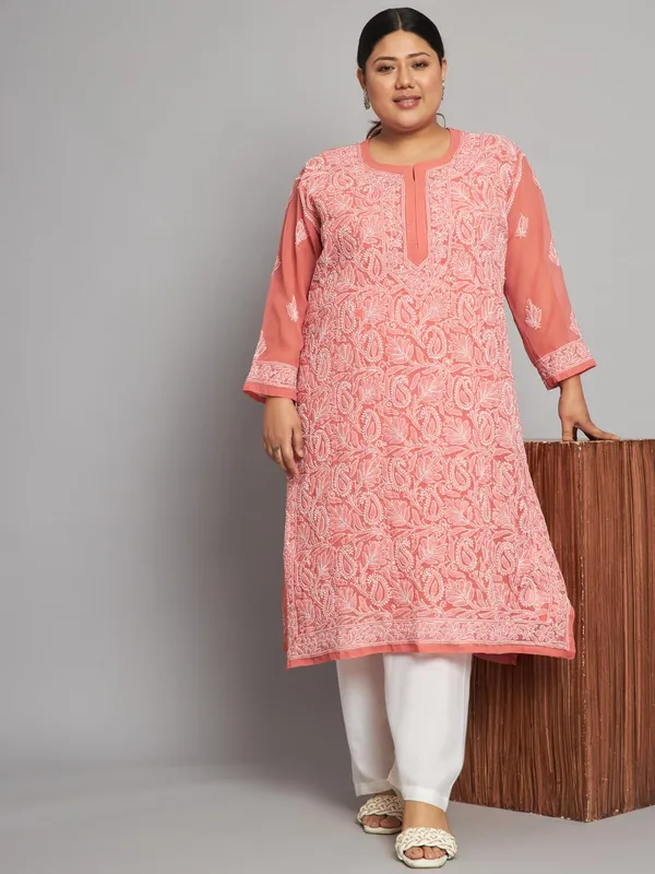 Coral_Lucknow_Chikankari_Hand_Embroidered_Plus_Size_Long_Kurti_With_Matching_Inner_Georgette