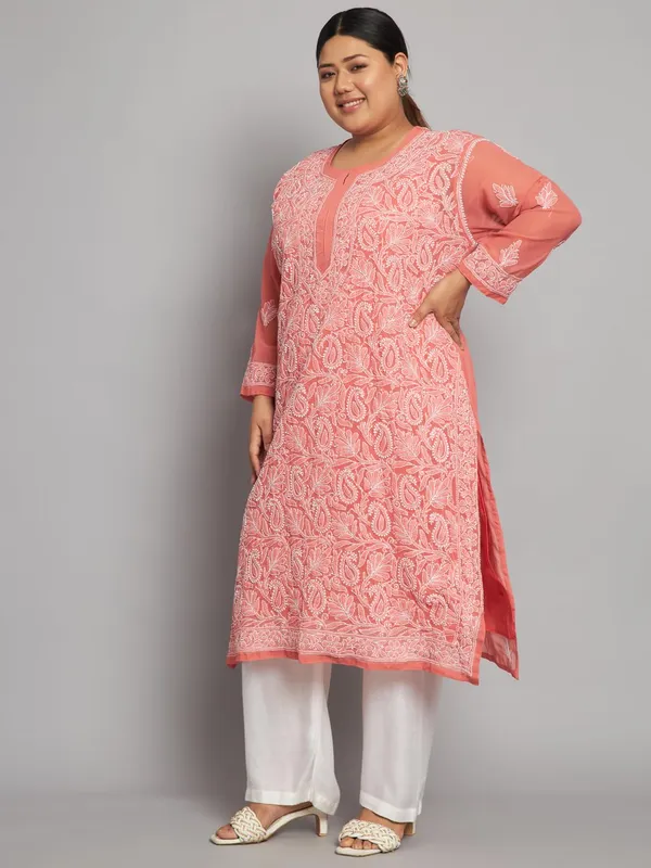 Coral_Lucknow_Chikankari_Hand_Embroidered_Plus_Size_Long_Kurti_With_Matching_Inner_Georgette