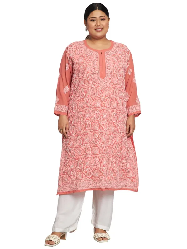 Coral_Lucknow_Chikankari_Hand_Embroidered_Plus_Size_Long_Kurti_With_Matching_Inner_Georgette