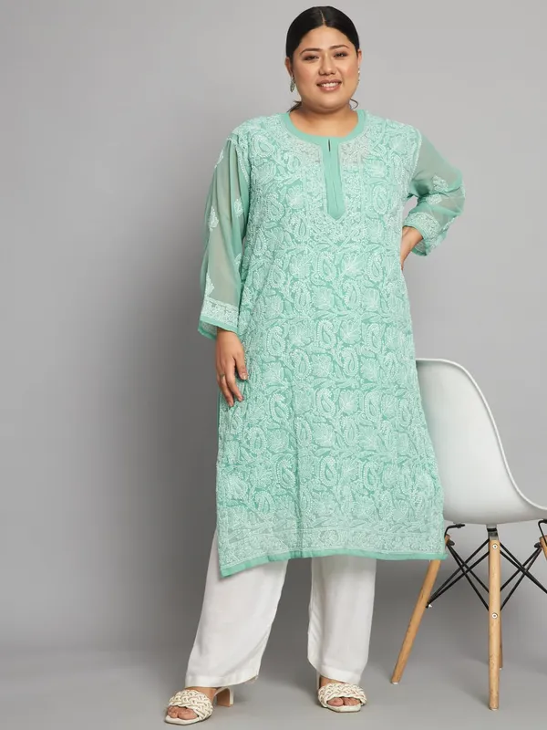Forest_Green_Lucknow_Chikankari_Hand_Embroidered_Plus_Size_Long_Kurti_With_Matching_Inner_Georgette