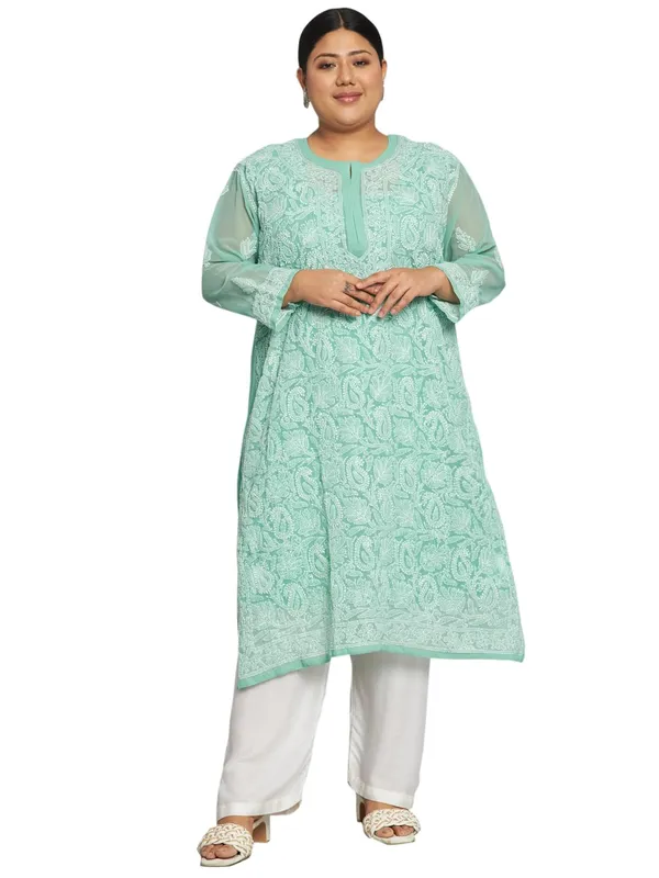 Forest_Green_Lucknow_Chikankari_Hand_Embroidered_Plus_Size_Long_Kurti_With_Matching_Inner_Georgette
