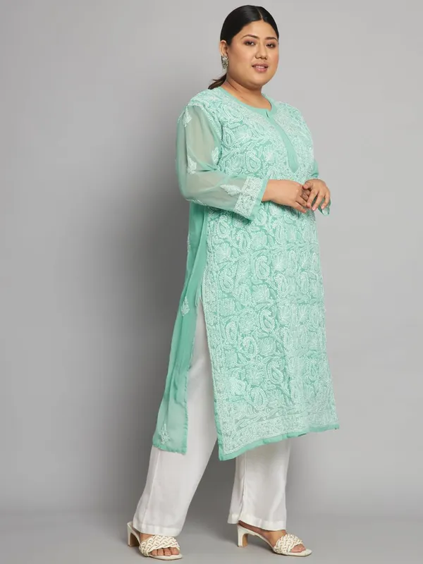 Forest_Green_Lucknow_Chikankari_Hand_Embroidered_Plus_Size_Long_Kurti_With_Matching_Inner_Georgette