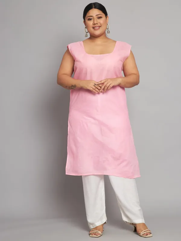 Flamingo_Pink_Lucknowi_Chikankari_Hand_Embroidered_Plus_Size_Long_Kurti_With_Matching_Inner_Georgette