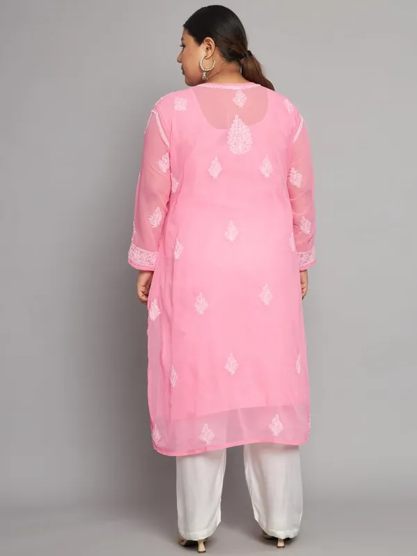 Flamingo_Pink_Lucknowi_Chikankari_Hand_Embroidered_Plus_Size_Long_Kurti_With_Matching_Inner_Georgette