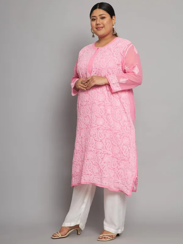 Flamingo_Pink_Lucknowi_Chikankari_Hand_Embroidered_Plus_Size_Long_Kurti_With_Matching_Inner_Georgette