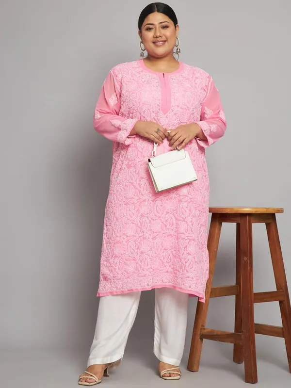 Flamingo_Pink_Lucknowi_Chikankari_Hand_Embroidered_Plus_Size_Long_Kurti_With_Matching_Inner_Georgette