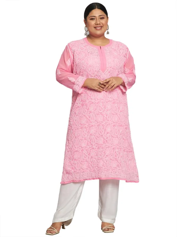 Flamingo_Pink_Lucknowi_Chikankari_Hand_Embroidered_Plus_Size_Long_Kurti_With_Matching_Inner_Georgette