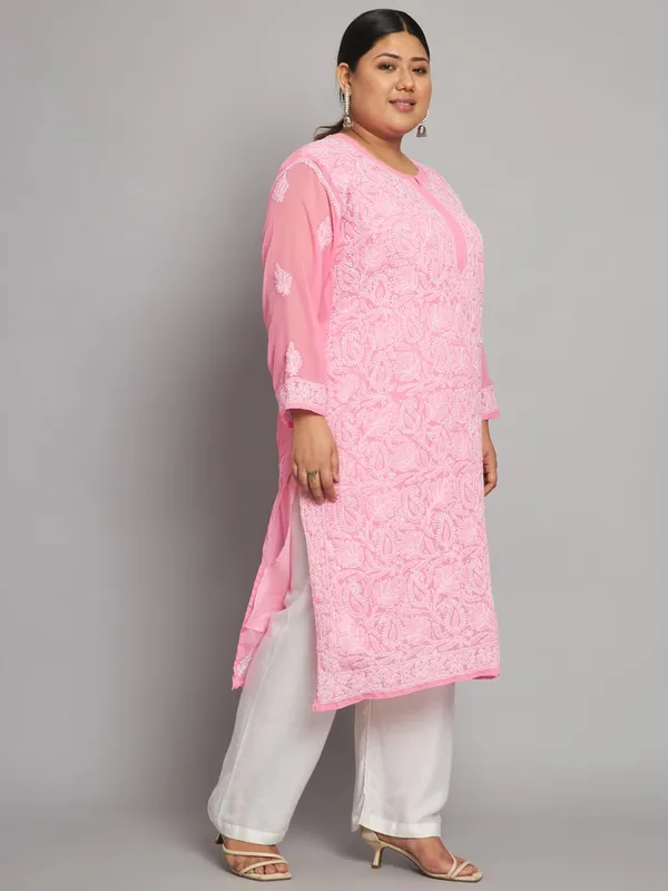 Flamingo_Pink_Lucknowi_Chikankari_Hand_Embroidered_Plus_Size_Long_Kurti_With_Matching_Inner_Georgette