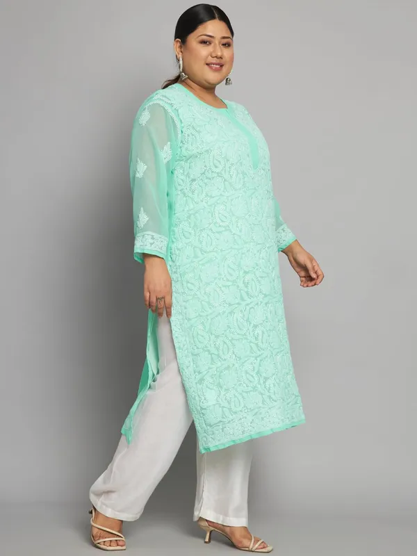 Sea_Green_Lucknow_Chikankari_Hand_Embroidered_Plus_Size_Long_Kurti_With_Matching_Inner_Georgette