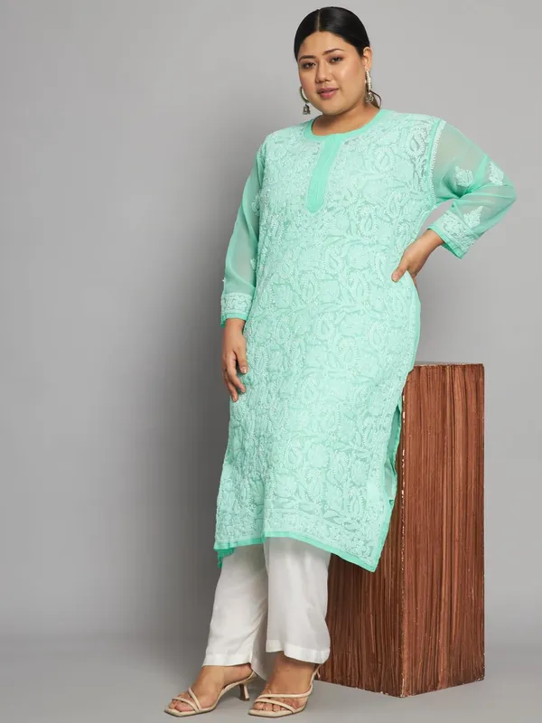 Sea_Green_Lucknow_Chikankari_Hand_Embroidered_Plus_Size_Long_Kurti_With_Matching_Inner_Georgette