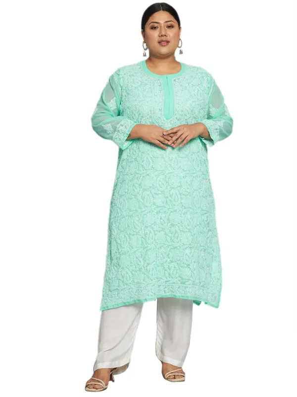Sea_Green_Lucknow_Chikankari_Hand_Embroidered_Plus_Size_Long_Kurti_With_Matching_Inner_Georgette