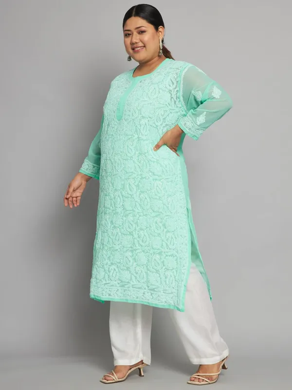 Sea_Green_Lucknow_Chikankari_Hand_Embroidered_Plus_Size_Long_Kurti_With_Matching_Inner_Georgette
