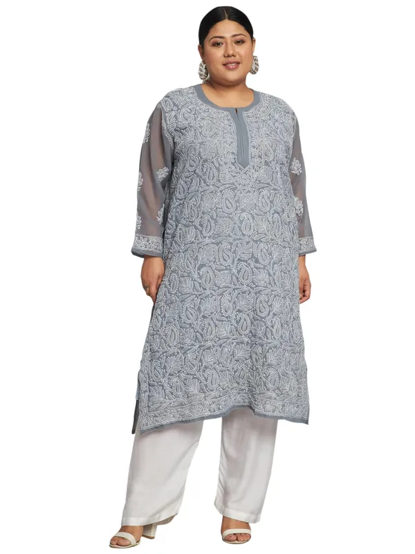 Grey_Lucknow_Chikankari_Hand_Embroidered_Plus_Size_Long_Kurti_With_Matching_Inner_Georgette