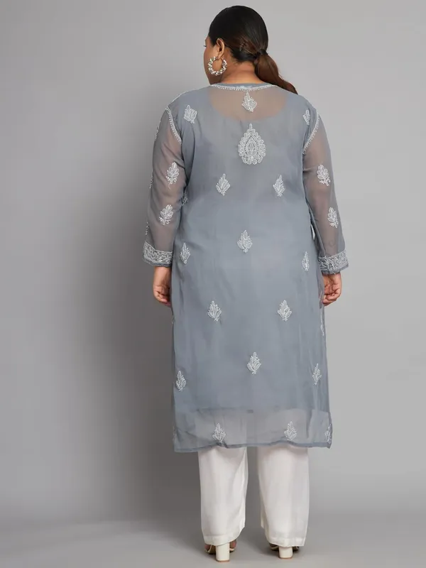 Grey_Lucknow_Chikankari_Hand_Embroidered_Plus_Size_Long_Kurti_With_Matching_Inner_Georgette