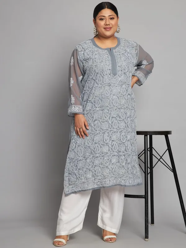 Grey_Lucknow_Chikankari_Hand_Embroidered_Plus_Size_Long_Kurti_With_Matching_Inner_Georgette