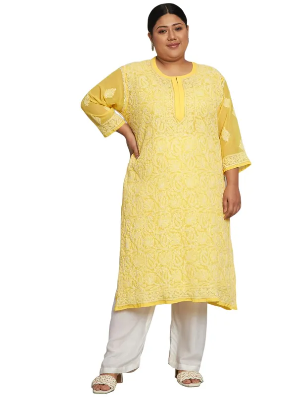 Sunshine_Yellow_Lucknow_Chikankari_Hand_Embroidered_Plus_Size_Long_Kurti_With_Matching_Inner_Georgette