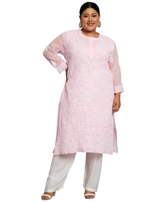 Pretty_Pink_Lucknow_Chikankari_Hand_Embroidered_Plus_Size_Long_Kurti_With_Matching_Inner_Georgette