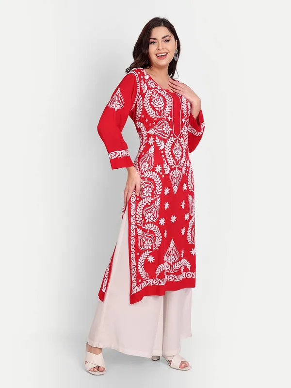 Ravishing_Red_Lucknow_Chikankari_Hand_Embroidered_Long_Kurta_Cotton