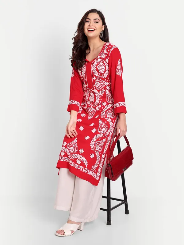 Ravishing_Red_Lucknow_Chikankari_Hand_Embroidered_Long_Kurta_Cotton