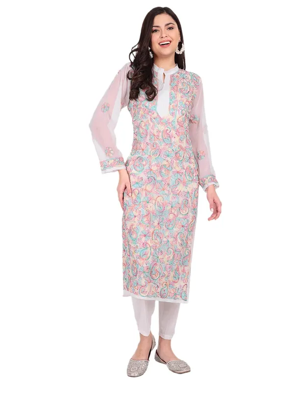 Pristine_White_Lucknow_Chikankari_Resham_Thread_Hand_Embroidered_Long_Kurta_Georgette