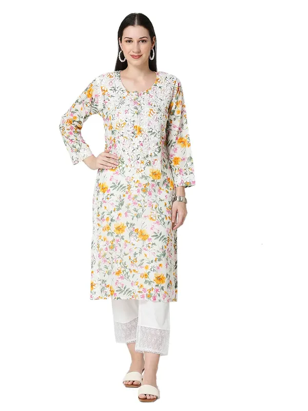 Yellow_Lucknow_Chikankari_Hand_Embroidered_Kurta_Mulmul_Cotton
