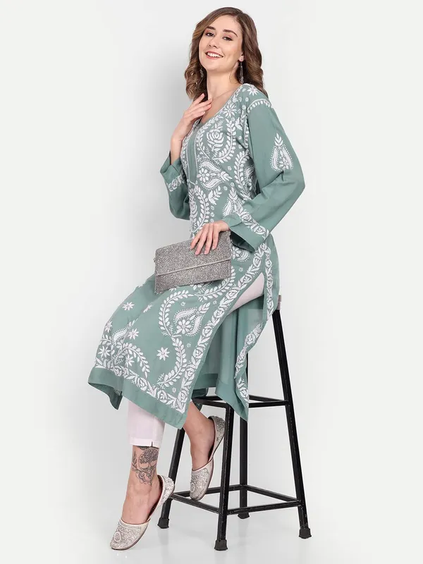 Sage_Green_Lucknow_Chikankari_Hand_Embroidered_Kurta_Cotton